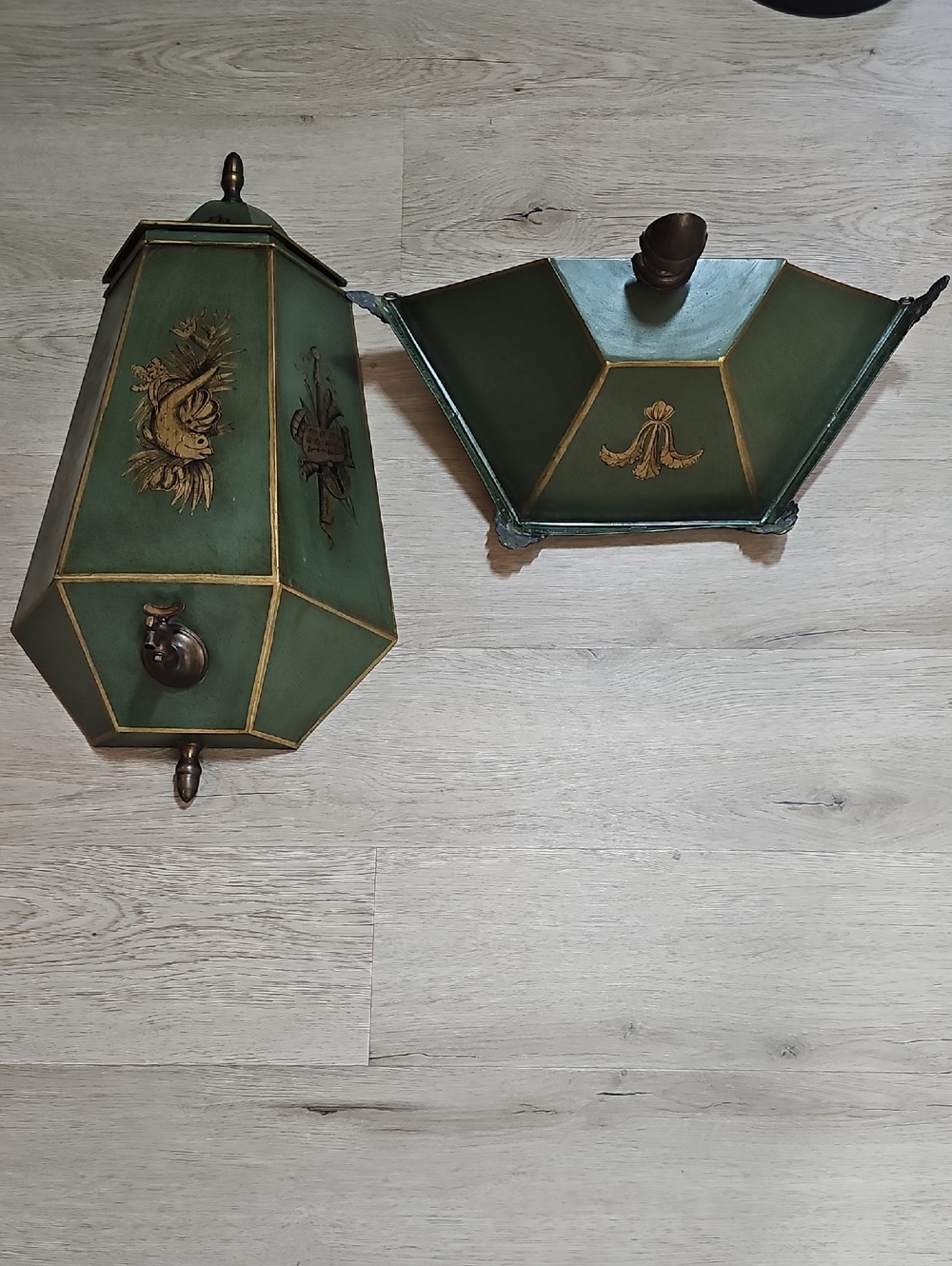 Vintage Pair Metal Lavabo Set Toleware Painted Tin Wall Decor